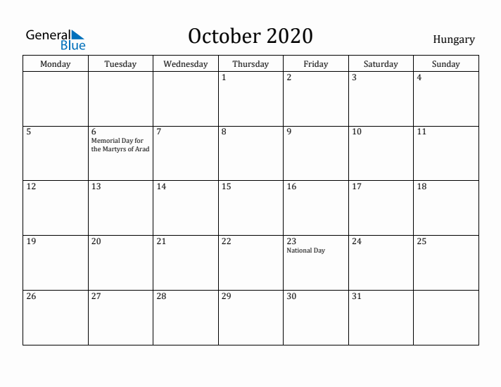 October 2020 Calendar Hungary