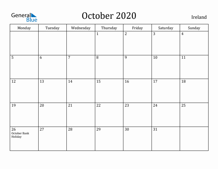 October 2020 Calendar Ireland