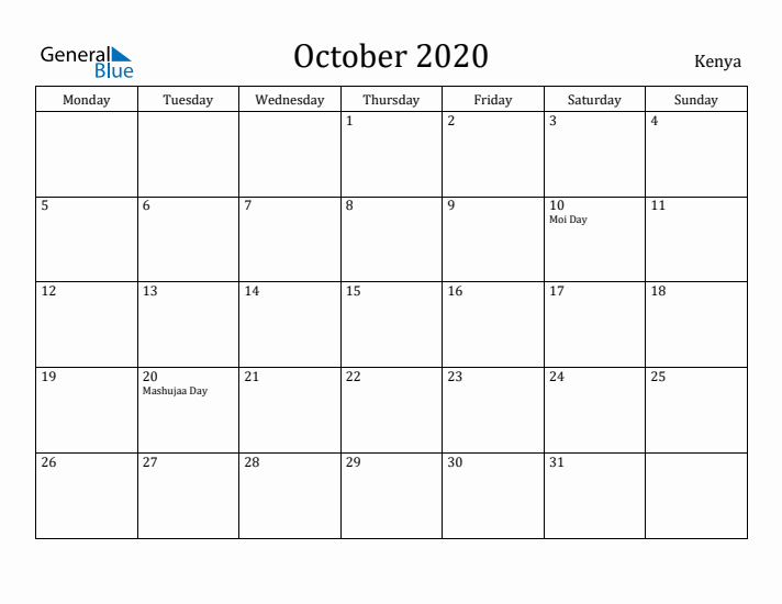 October 2020 Calendar Kenya