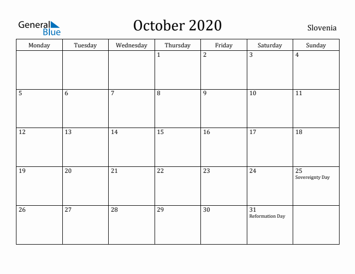 October 2020 Calendar Slovenia