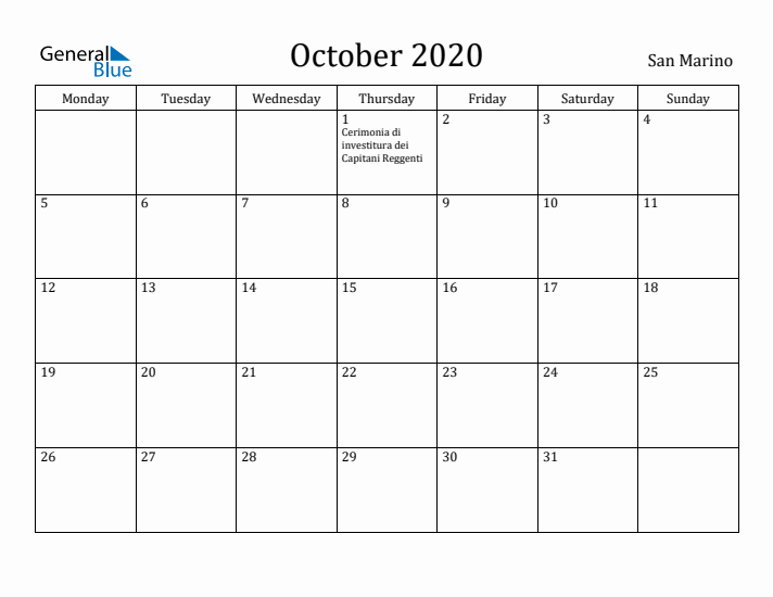 October 2020 Calendar San Marino