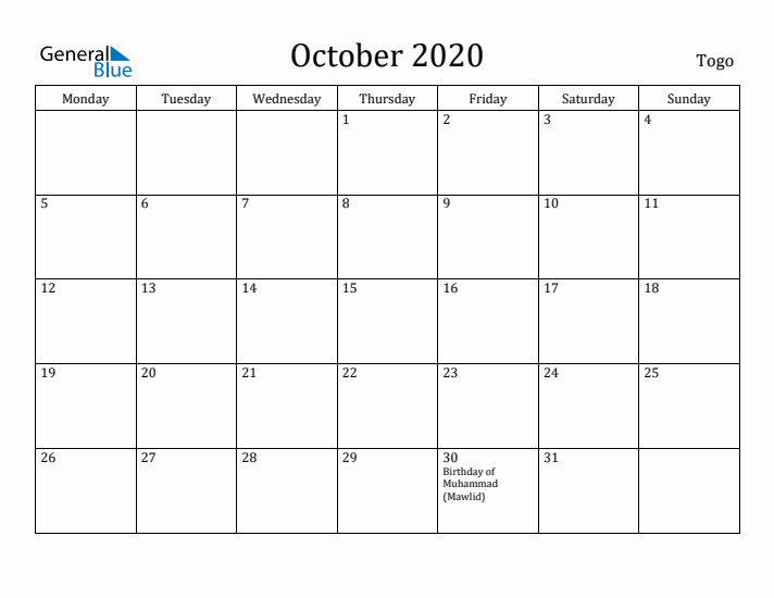 October 2020 Calendar Togo