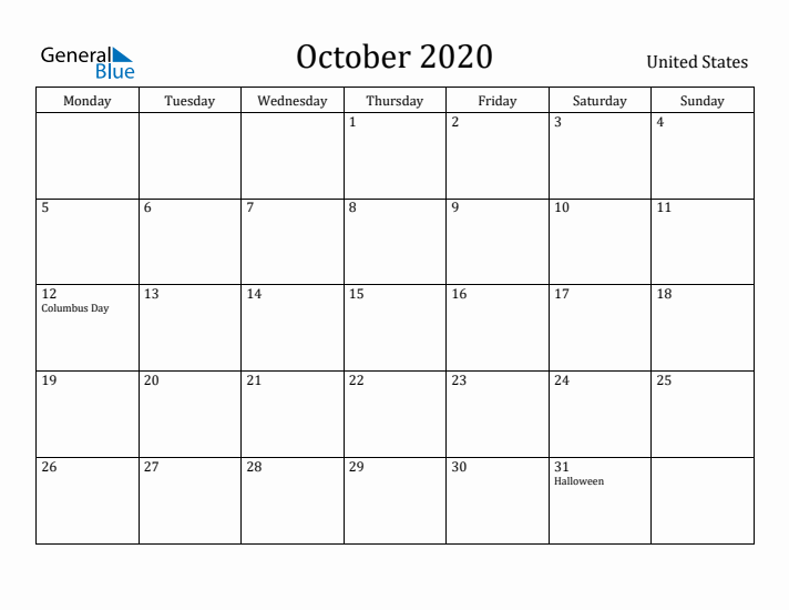October 2020 Calendar United States