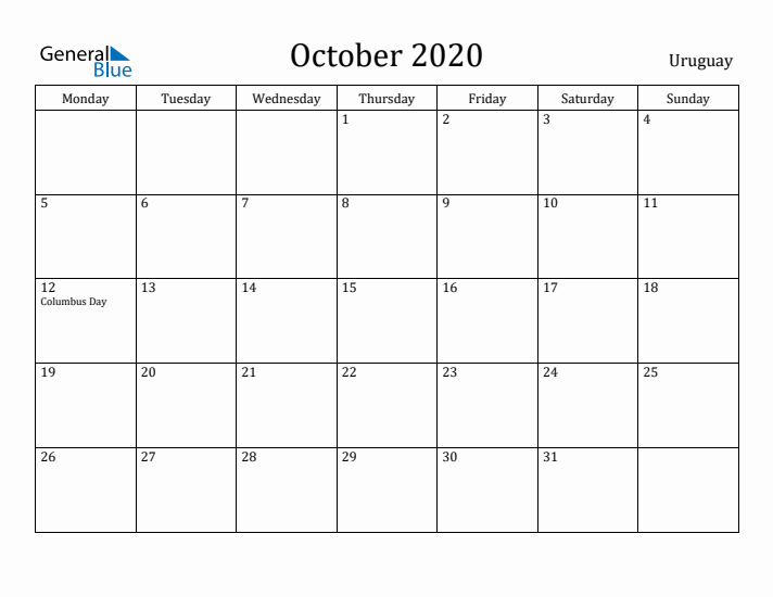 October 2020 Calendar Uruguay