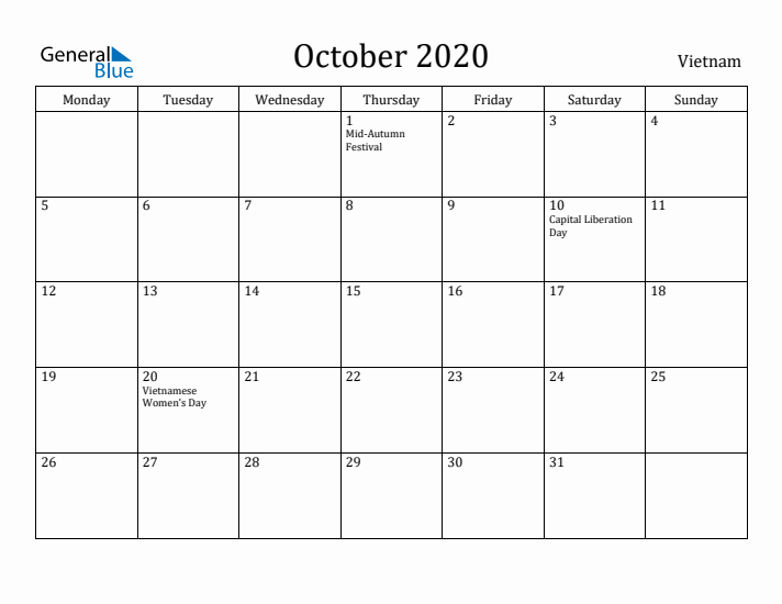 October 2020 Calendar Vietnam