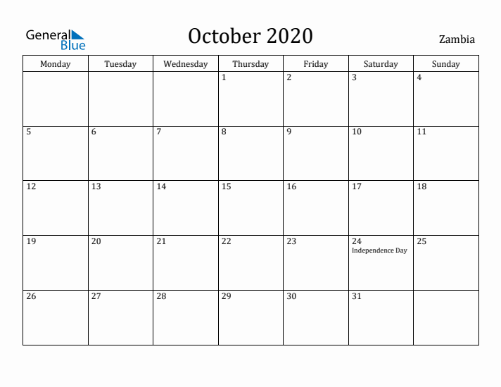October 2020 Calendar Zambia