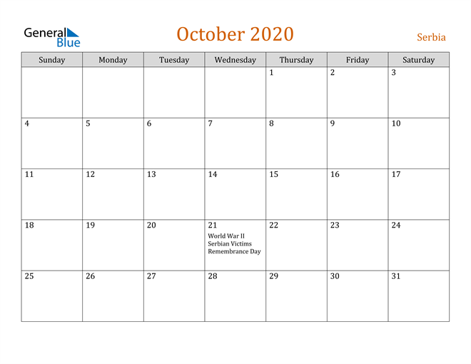 October 2020 Holiday Calendar
