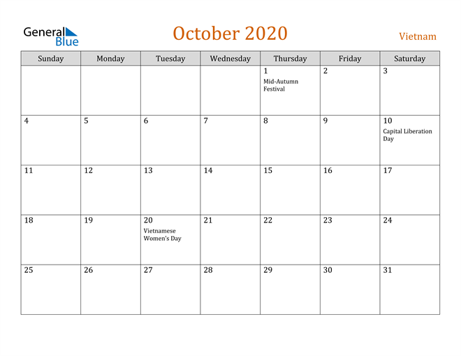 October 2020 Holiday Calendar