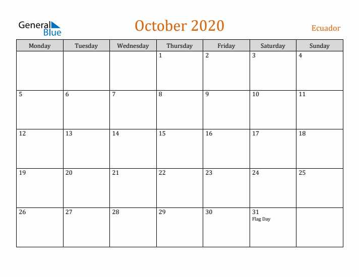 October 2020 Holiday Calendar with Monday Start
