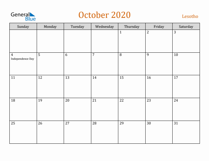 October 2020 Holiday Calendar with Sunday Start