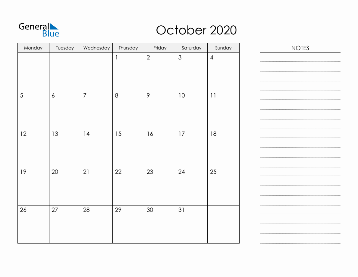 Printable Monthly Calendar with Notes - October 2020