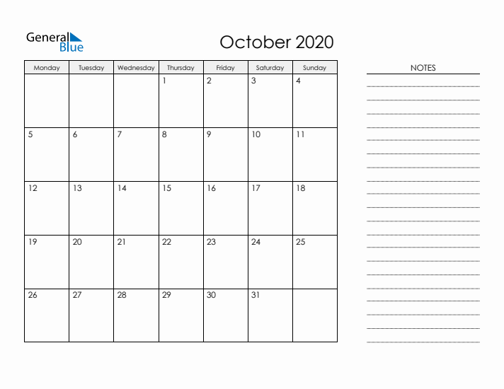 Printable Monthly Calendar with Notes - October 2020