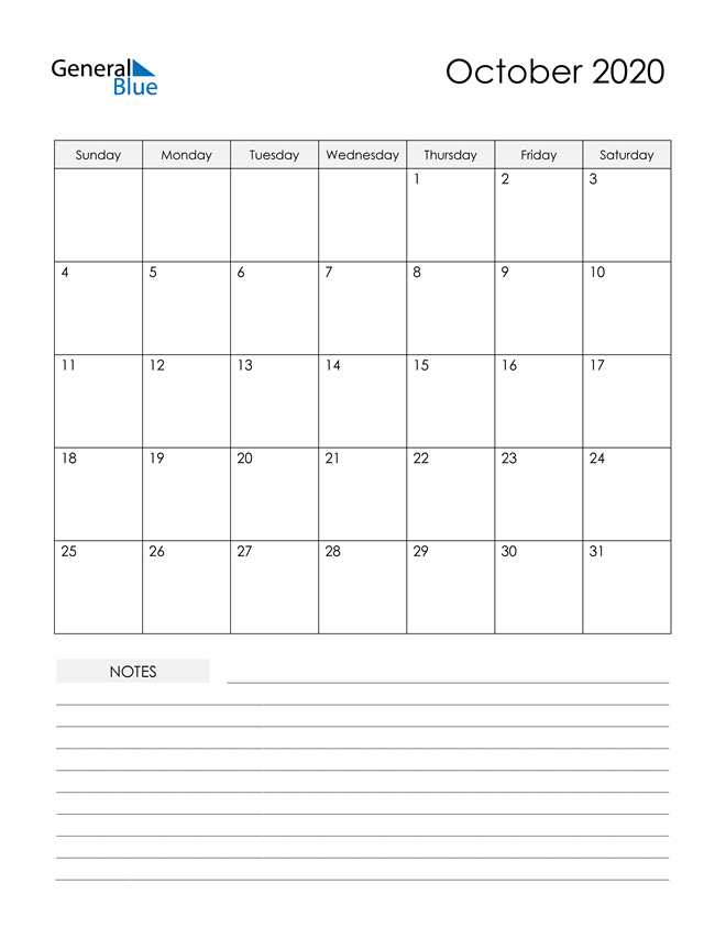  Printable Calendar with Notes - October 2020
