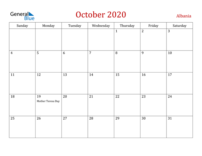 Albania October 2020 Calendar