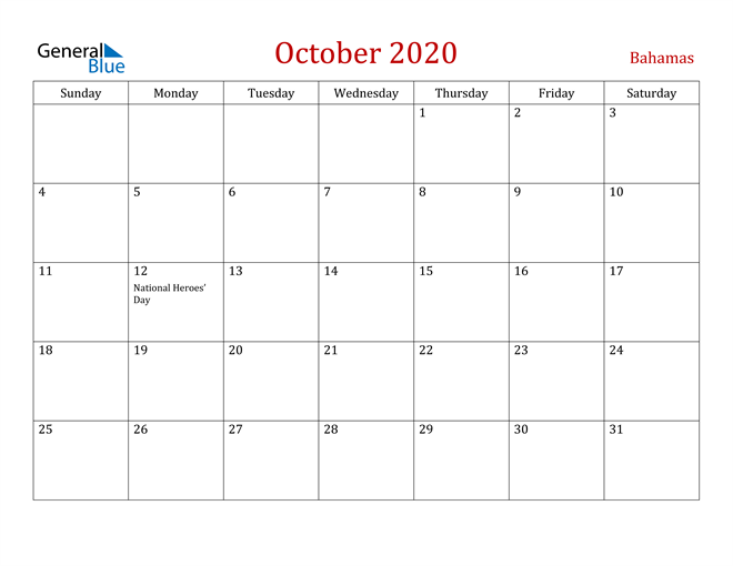 Bahamas October 2020 Calendar