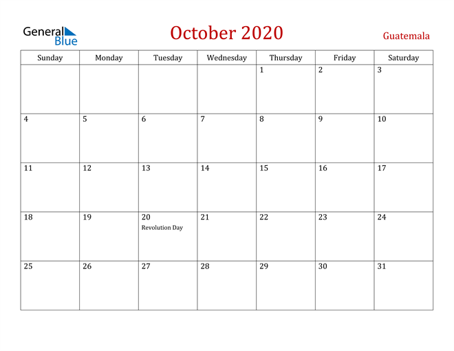 Guatemala October 2020 Calendar