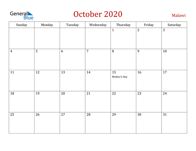 Malawi October 2020 Calendar