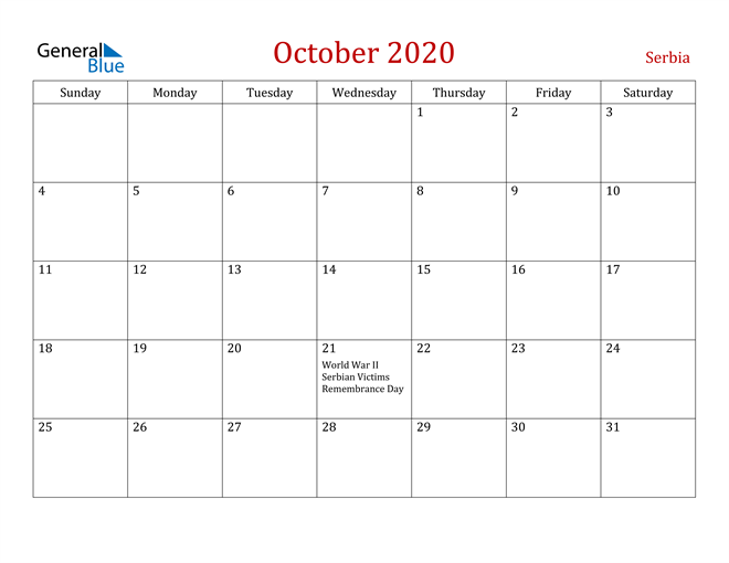 Serbia October 2020 Calendar