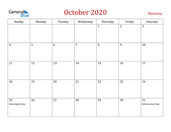 Slovenia October 2020 Calendar