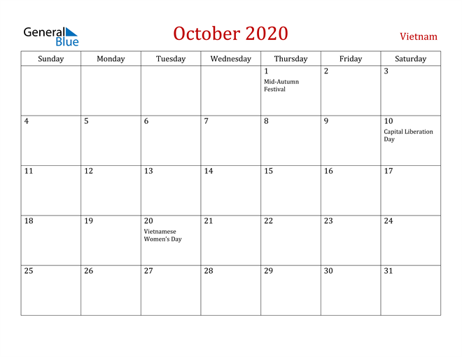 Vietnam October 2020 Calendar