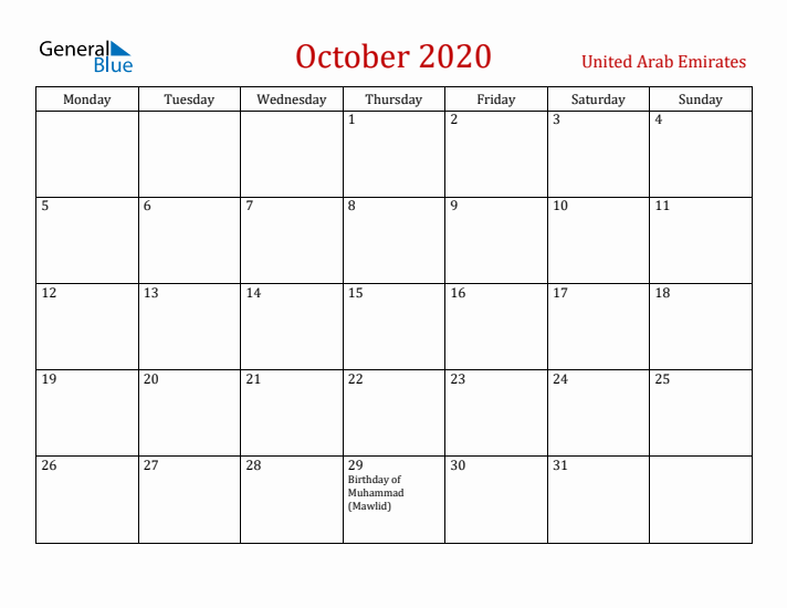 United Arab Emirates October 2020 Calendar - Monday Start