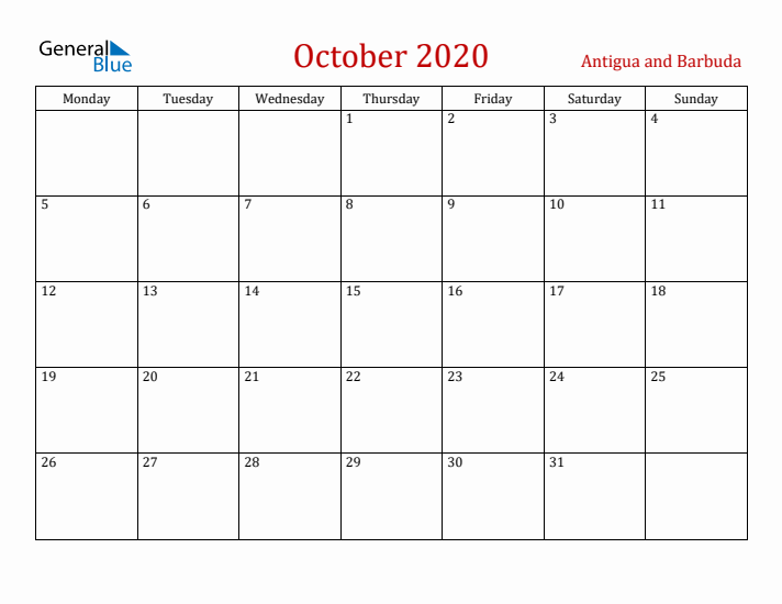Antigua and Barbuda October 2020 Calendar - Monday Start