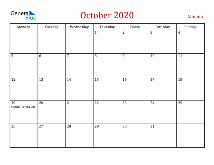 Albania October 2020 Calendar - Monday Start