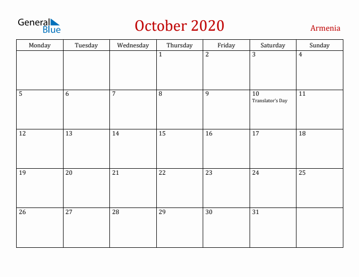 Armenia October 2020 Calendar - Monday Start