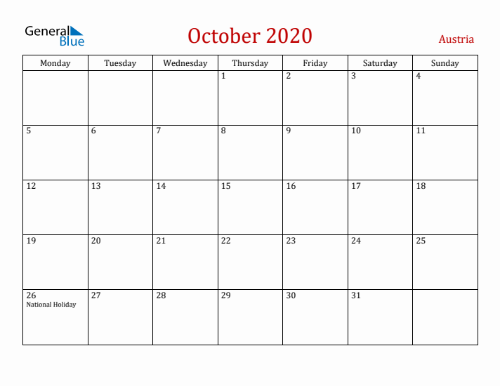 Austria October 2020 Calendar - Monday Start