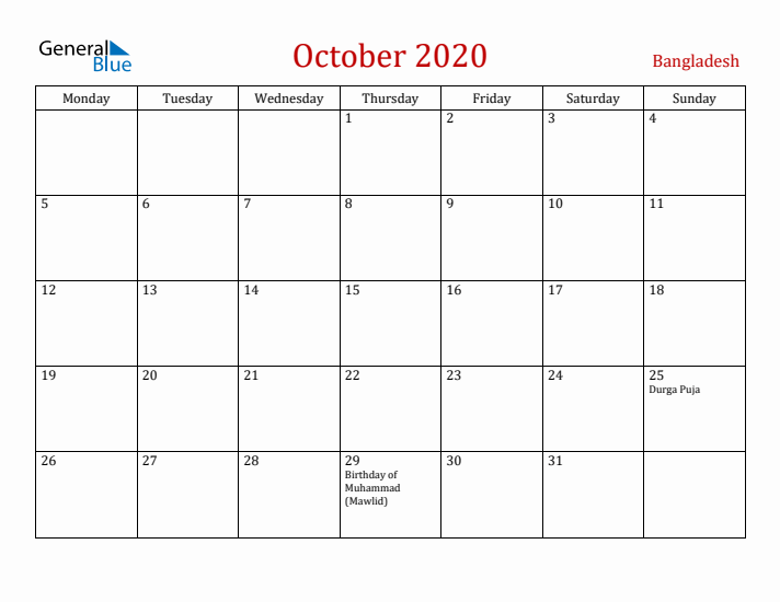 Bangladesh October 2020 Calendar - Monday Start
