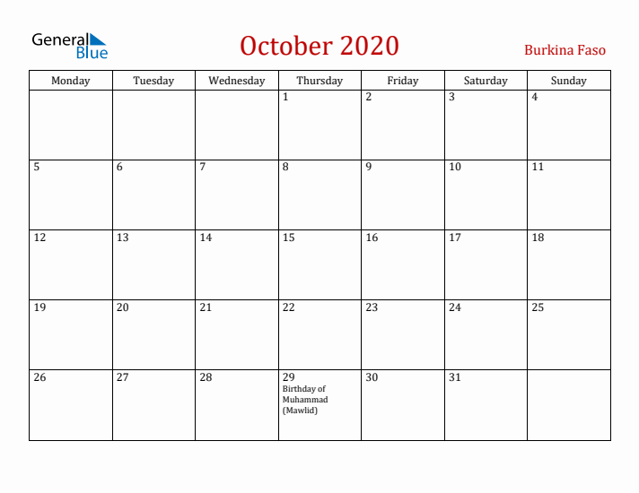 Burkina Faso October 2020 Calendar - Monday Start