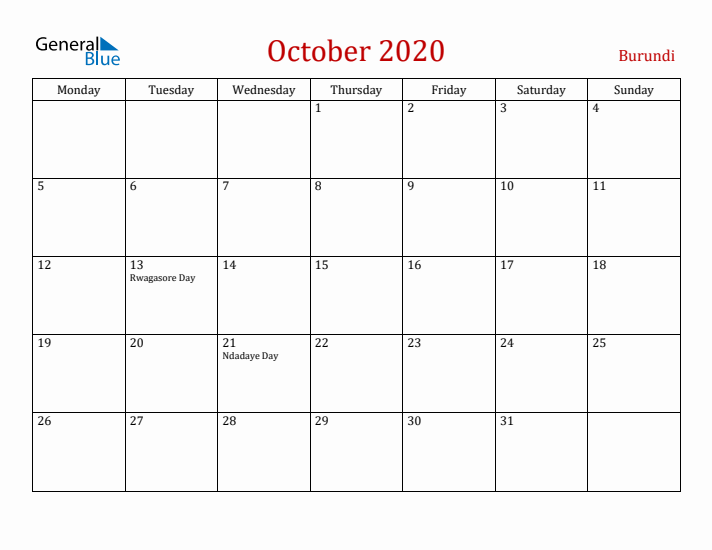 Burundi October 2020 Calendar - Monday Start
