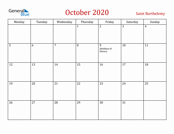 Saint Barthelemy October 2020 Calendar - Monday Start