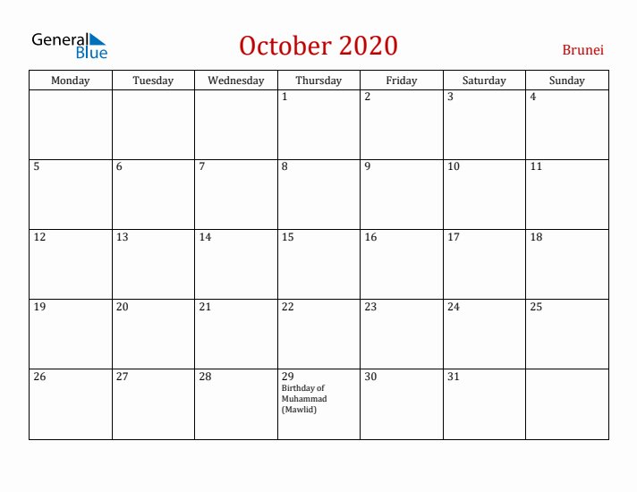 Brunei October 2020 Calendar - Monday Start