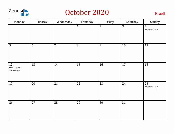 Brazil October 2020 Calendar - Monday Start