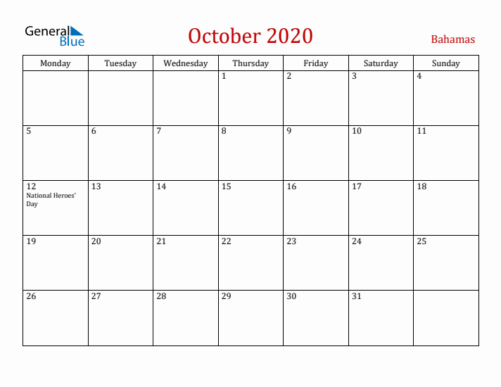 Bahamas October 2020 Calendar - Monday Start