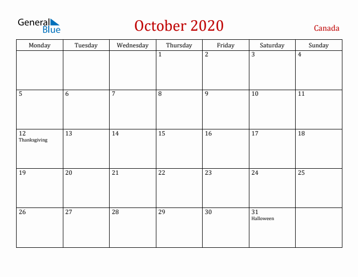 Canada October 2020 Calendar - Monday Start