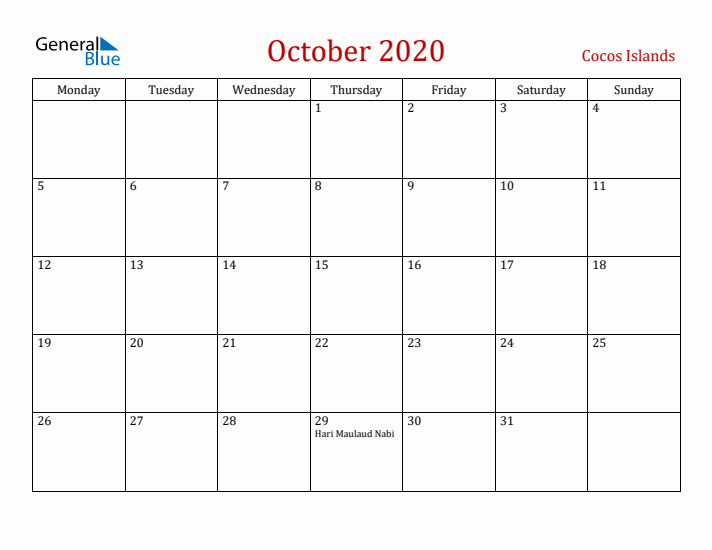 Cocos Islands October 2020 Calendar - Monday Start
