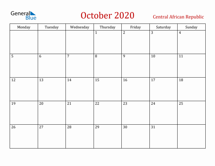 Central African Republic October 2020 Calendar - Monday Start