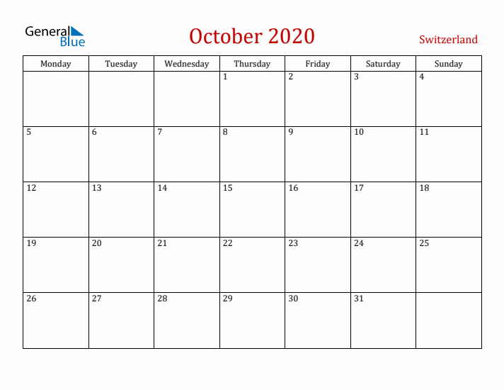 Switzerland October 2020 Calendar - Monday Start