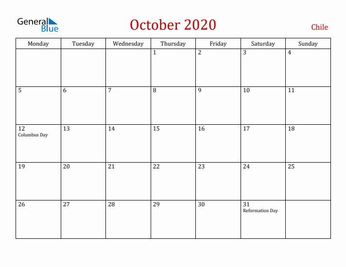 Chile October 2020 Calendar - Monday Start
