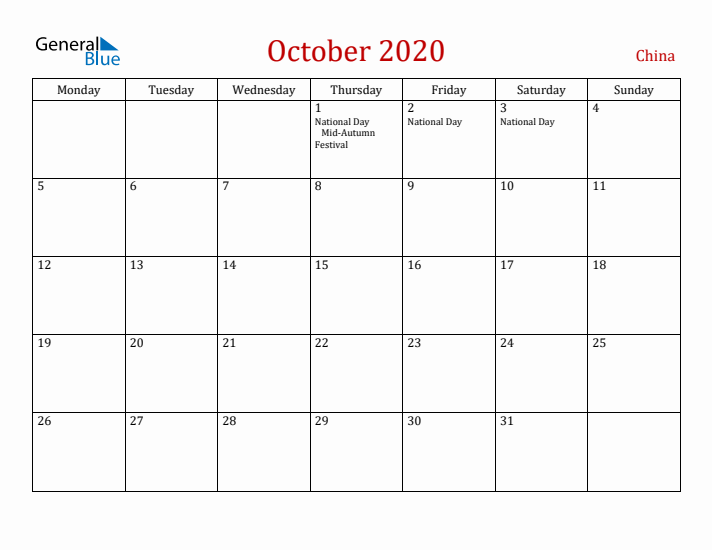 China October 2020 Calendar - Monday Start