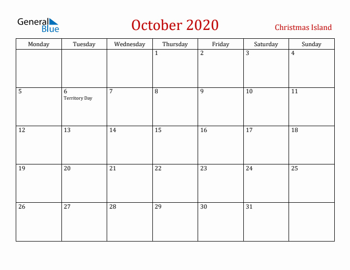 Christmas Island October 2020 Calendar - Monday Start