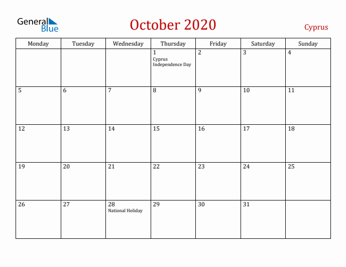 Cyprus October 2020 Calendar - Monday Start
