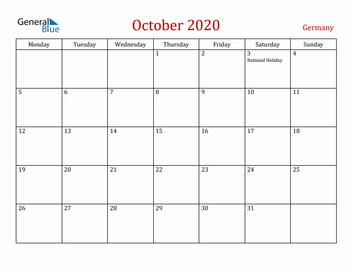 Germany October 2020 Calendar - Monday Start