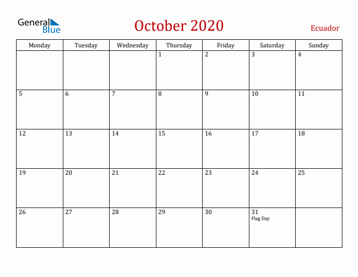 Ecuador October 2020 Calendar - Monday Start