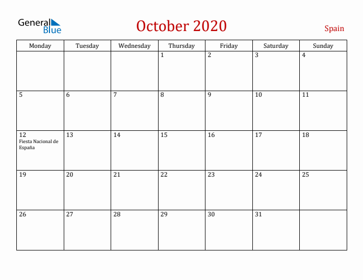 Spain October 2020 Calendar - Monday Start