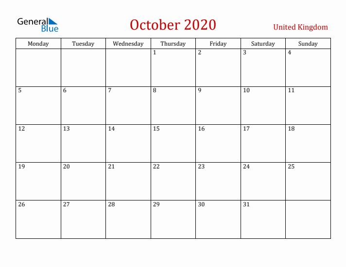 United Kingdom October 2020 Calendar - Monday Start