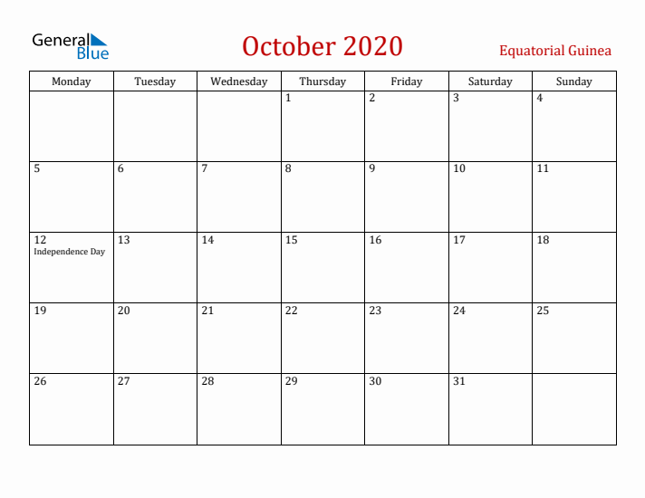 Equatorial Guinea October 2020 Calendar - Monday Start