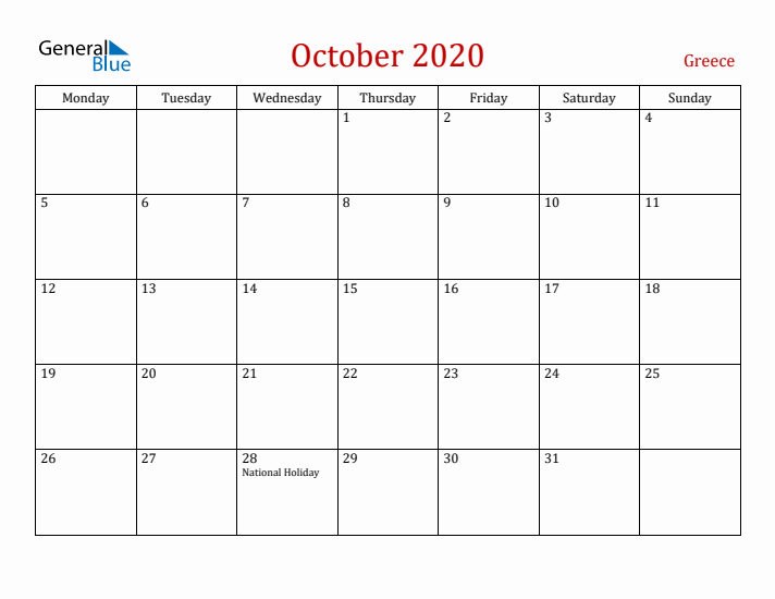 Greece October 2020 Calendar - Monday Start